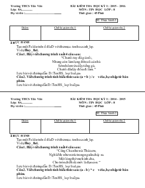 Bài kiểm tra học kỳ I - Năm 2015  2016 môn Tin học lớp 8 - Trường THCS Tân Văn